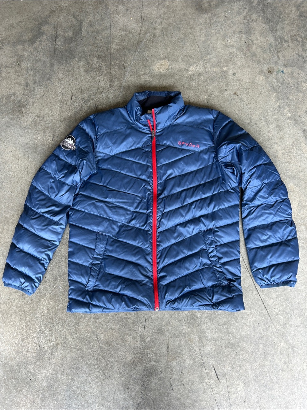 Spyder Men’s L 600 Fill Down Puffer Jacket Blue Red Full Zip Mountain Patch